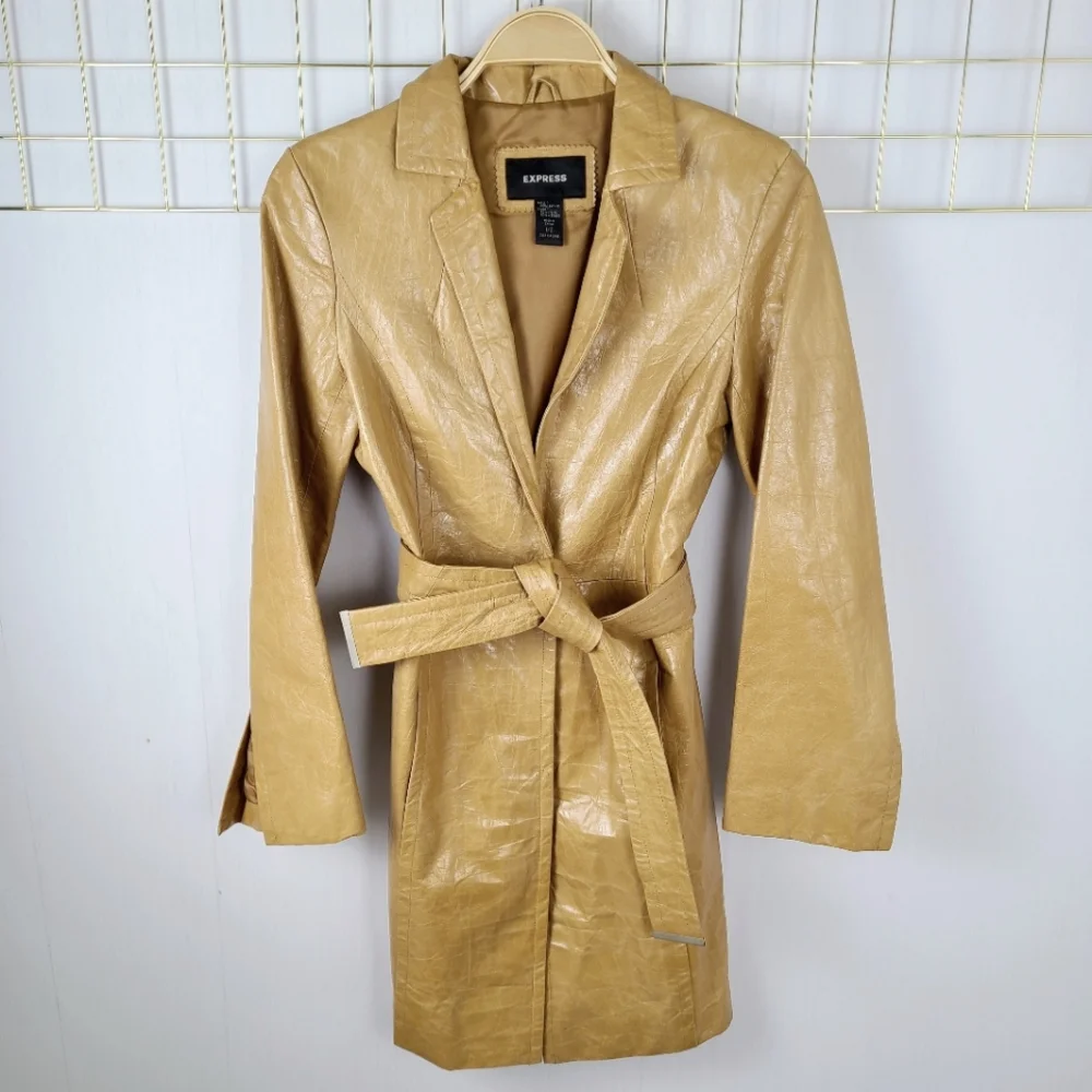 Express Y2K Tan Genuine Leather Vintage Belted Trench Coat - Picture 2 of 11